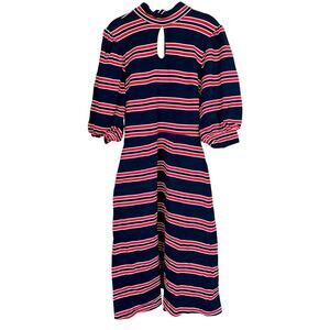 eShakti Navy Red White Striped Tie Neck Keyhole Elbow Length Sleeve Midi Dress M